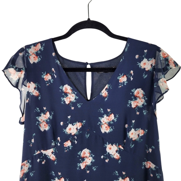 Noir Blue Floral Flutter Sleeve High Low V-Neck Shift Dress Women's Size L - Picture 2 of 6